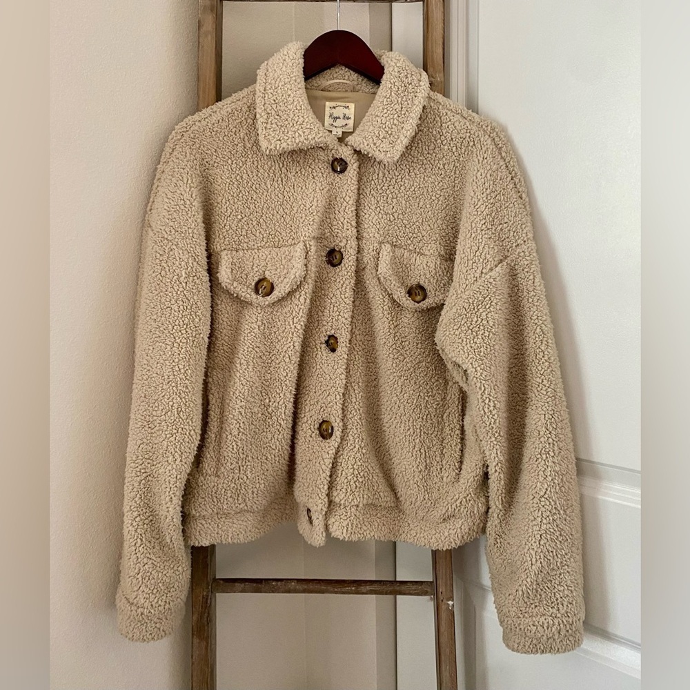 Hippie Rose - Sherpa Oatmeal Button Down Jacket - Size Large